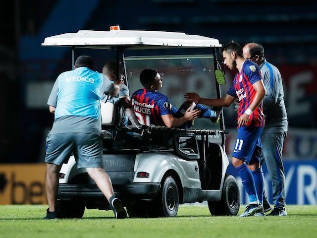 San Lorenzo's Julian Palacios is substituted after sustaining an injury on April 7, 2021