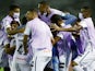 Santos' Yeferson Soteldo celebrates scoring their first goal with teammates opn March 16, 2021