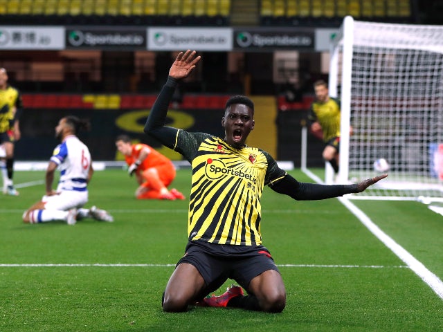 Watford's Ismaila Sarr celebrates scoring their second goal against Reading in the Championship on April 9, 2021