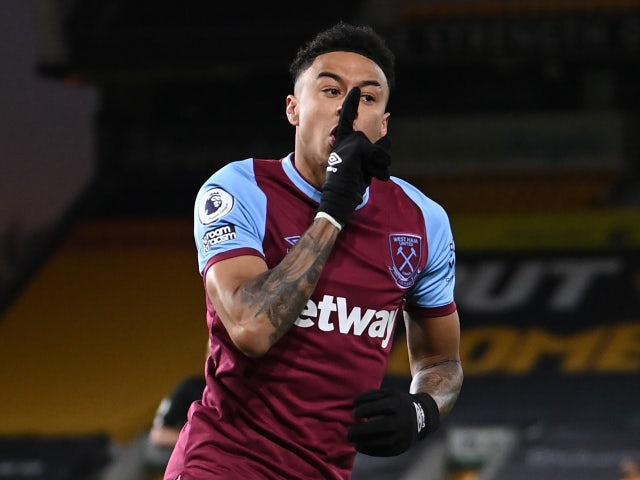 West Ham United's Jesse Lingard celebrates scoring their first goal against Wolverhampton Wanderers in the Premier League on April 5, 2021