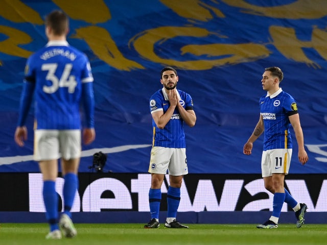 Brighton & Hove Albion's Neal Maupay reacts against Everton in the Premier League on April 12, 2021