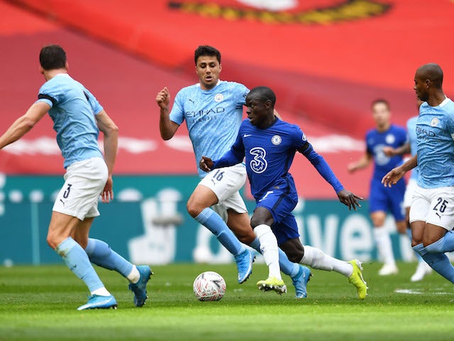 Manchester City's Rodri in action with Chelsea's N'Golo Kante in the FA Cup on April 17, 2021