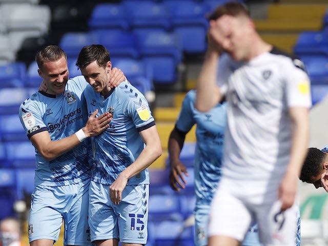 Coventry City's Dominic Hyam celebrates scoring against Barnsley in the Championship on April 18, 2021