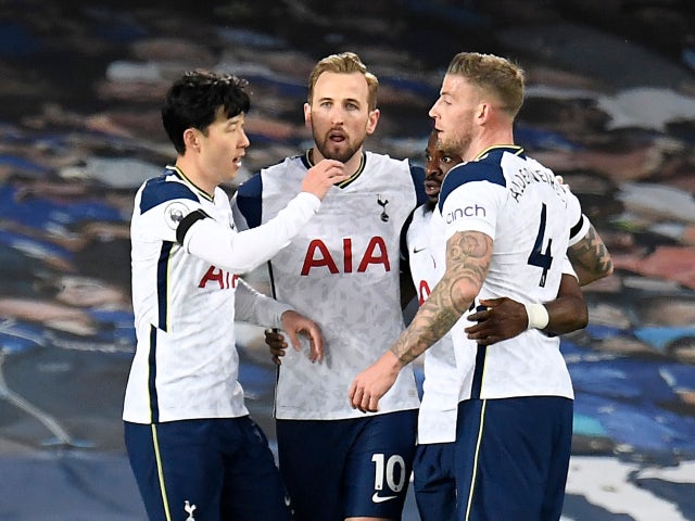 Tottenham Hotspur's Harry Kane celebrates scoring their first goal  against Everton in the Premier League on April 16, 2021
