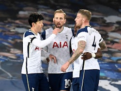 Tottenham Hotspur's Harry Kane celebrates scoring their first goal  against Everton in the Premier League on April 16, 2021