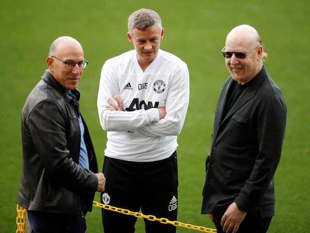 Manchester United manager Ole Gunnar Solskjaer and co-owners Joel Glazer and Avram Glazer in April 2019