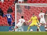 Leicester City's Kelechi Iheanacho scores against Southampton in the FA Cup on April 18, 2021