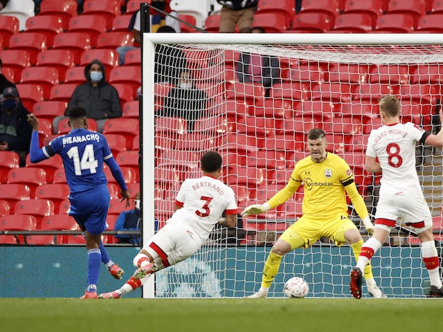 Leicester City's Kelechi Iheanacho scores against Southampton in the FA Cup on April 18, 2021
