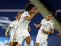 Lyon Women's Wendie Renard celebrates scoring their first goal against PSG Women in March 2021