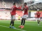 Manchester United's Mason Greenwood celebrates scoring their first goal with Marcus Rashford  against Burnley in the Premier League on April 18, 2021