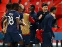 Paris Saint-Germain's Neymar celebrates after the match against Bayern Munich with Mauricio Pochettino in the Champions League on April 13, 2021