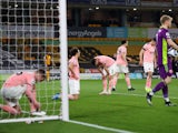 Sheffield United's Enda Stevens and teammates look dejected after Wolverhampton Wanderers' Willian Jose scored their first goal in the Premier League on April 17, 2021