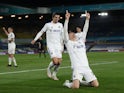 Leeds United's Diego Llorente celebrates scoring their first goal against Liverpool in the Premier League on April 19, 2021