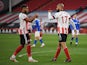 Sheffield United's David McGoldrick celebrates scoring their first goal against Brighton & Hove Albion in the Premier League on April 24, 2021