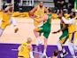 Utah Jazz guard Joe Ingles moves to the basket against Los Angeles Lakers on April 20, 2021