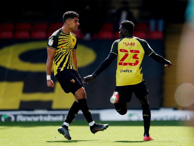 Watford's Ismaila Sarr celebrates scoring their first goal against Millwall in the Championship on April 24, 2021