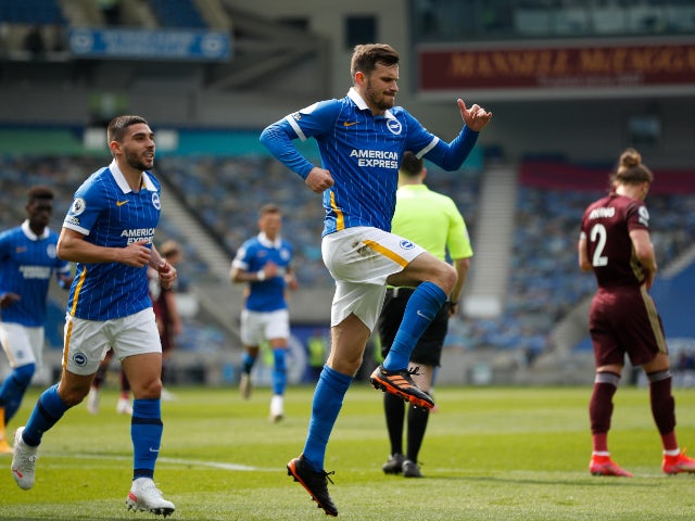 Brighton & Hove Albion's Pascal Gross celebrates scoring their first goal against Leeds United in the Premier League on May 1, 2021