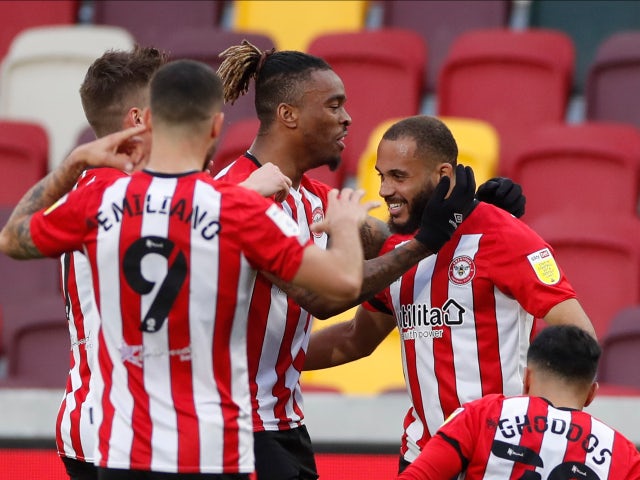 Brentford's Bryan Mbeumo celebrates scoring their first goal against Rotherham United in the Championship on April 27, 2021