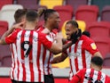 Brentford's Bryan Mbeumo celebrates scoring their first goal against Rotherham United in the Championship on April 27, 2021