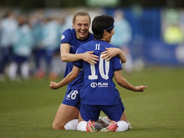 Chelsea Women's Ji So-yun celebrates scoring against Bayern Munich Women on May 2, 2021