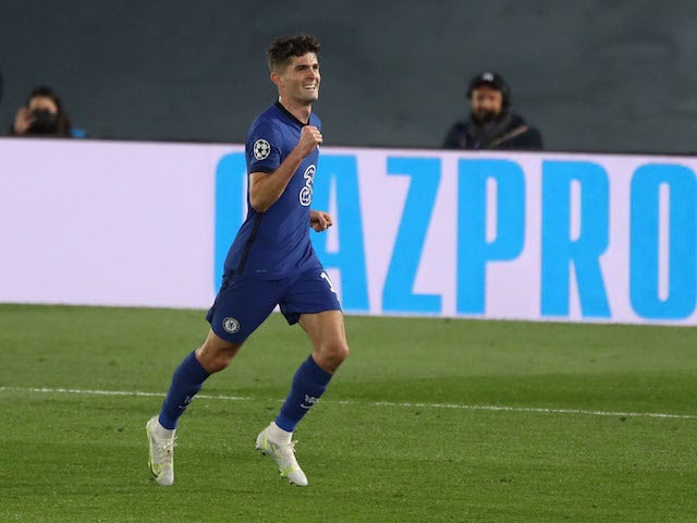 Chelsea's Christian Pulisic celebrates scoring their first goal on April 27, 2021