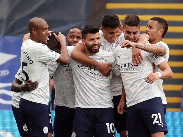 Manchester City's Sergio Aguero celebrates scoring their first goal against Crystal Palace in the Premier League on May 1, 2021