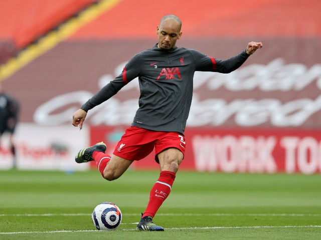 Fabinho warms up for Liverpool in April 2021
