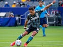 Los Angeles Galaxy forward Javier Hernandez (14) takes a shot during the first half against the New York Red Bulls at Dignity Health Sports Park on April 25, 2021