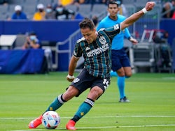 Los Angeles Galaxy forward Javier Hernandez (14) takes a shot during the first half against the New York Red Bulls at Dignity Health Sports Park on April 25, 2021