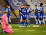 Leicester City's Timothy Castagne celebrates scoring their first goal against Crystal Palace in the Premier League on April 26, 2021