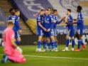 Leicester City's Timothy Castagne celebrates scoring their first goal against Crystal Palace in the Premier League on April 26, 2021