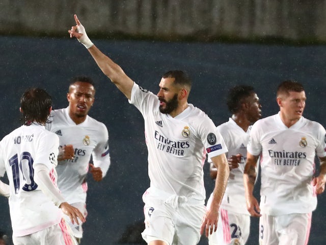 Karim Benzema celebrates scoring for Real Madrid against Chelsea in the Champions League on April 27, 2021