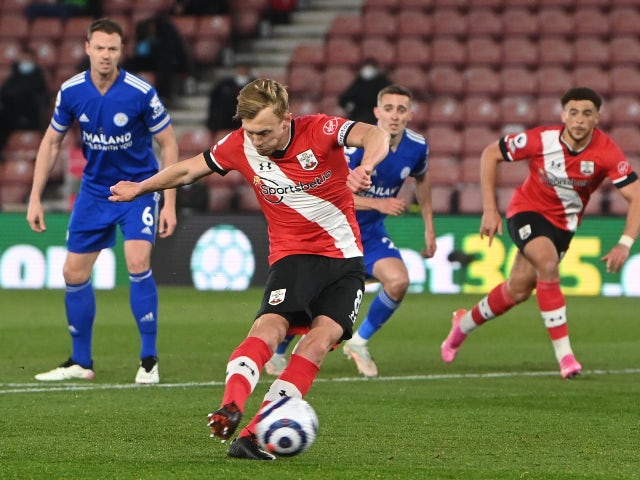 Southampton's James Ward-Prowse scores their first goal against Leicester City in the Premier League on April 30, 2021