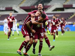Torino's Antonio Sanabria celebrates scoring their first goal with teammates on April 3, 2021