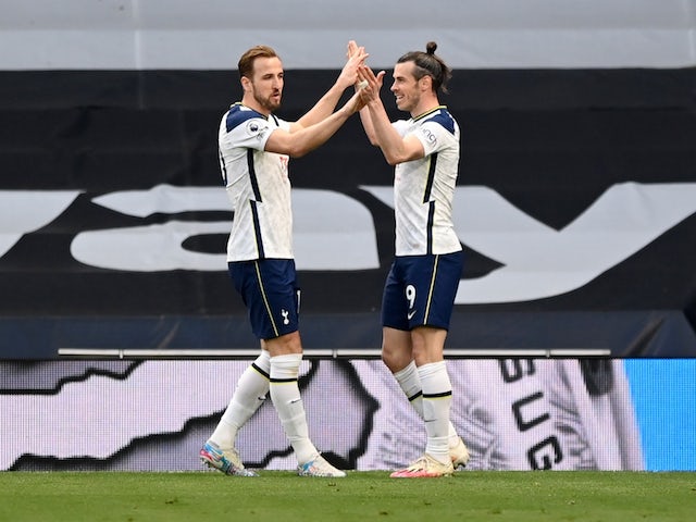 Tottenham Hotspur's Gareth Bale celebrates scoring against Sheffield United in the Premier League on May 2, 2021