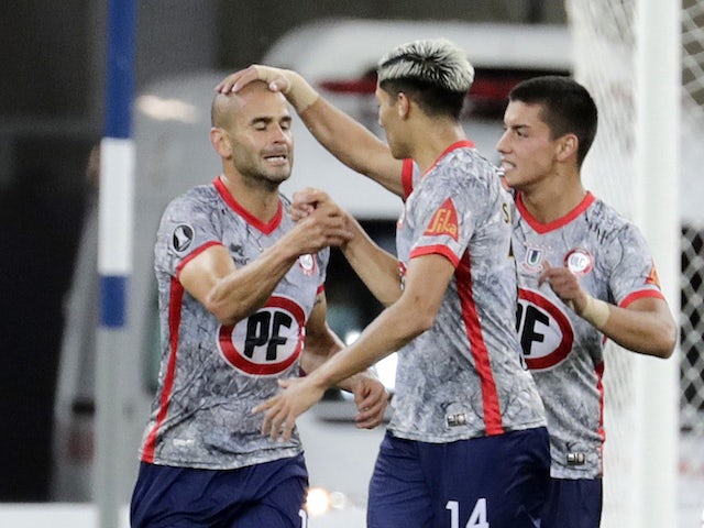 Union La Calera's Sebastian Saez scores their first goal on April 27, 2021