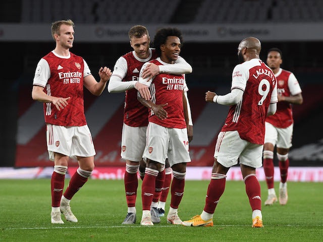 Arsenal's Willian celebrates scoring against West Bromwich Albion in the Premier League on May 9, 2021