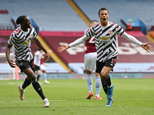 Manchester United's Mason Greenwood celebrates scoring their second goal against Aston Villa in the Premier League on May 9, 2021