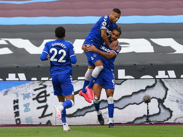 Everton's Dominic Calvert-Lewin celebrates scoring their first goal with Richarlison on May 9, 2021