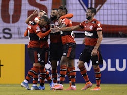 Flamengo's Bruno Lopes celebrates scoring their second goal with teammates on May 4, 2021
