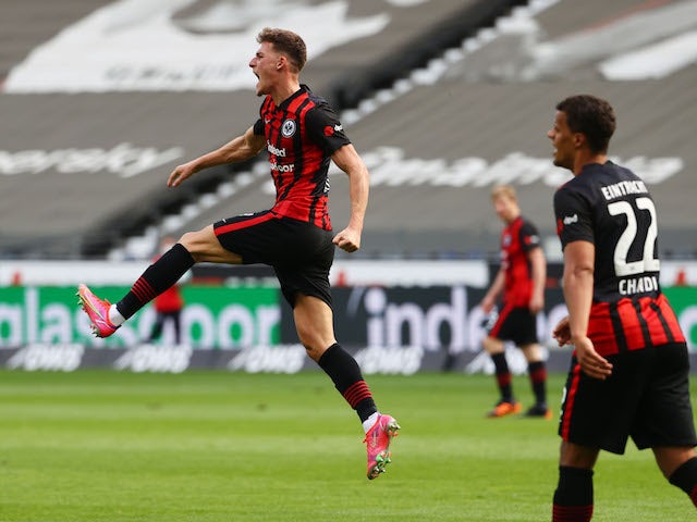 Eintracht Frankfurt's Ajdin Hrustic celebrates scoring their first goal on May 9, 2021