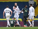Leeds United's Patrick Bamford celebrates scoring their second goal with Ezgjan Alioski on May 8, 2021