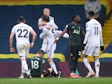 Leeds United's Patrick Bamford celebrates scoring their second goal with Ezgjan Alioski on May 8, 2021