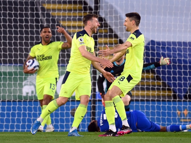 Newcastle United's Paul Dummett celebrates scoring their second goal against Leicester City in the Premier League on May 7, 2021