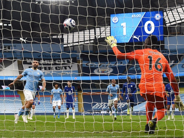 Manchester City's Sergio Aguero misses a penalty against Chelsea in the Premier League on May 8, 2021