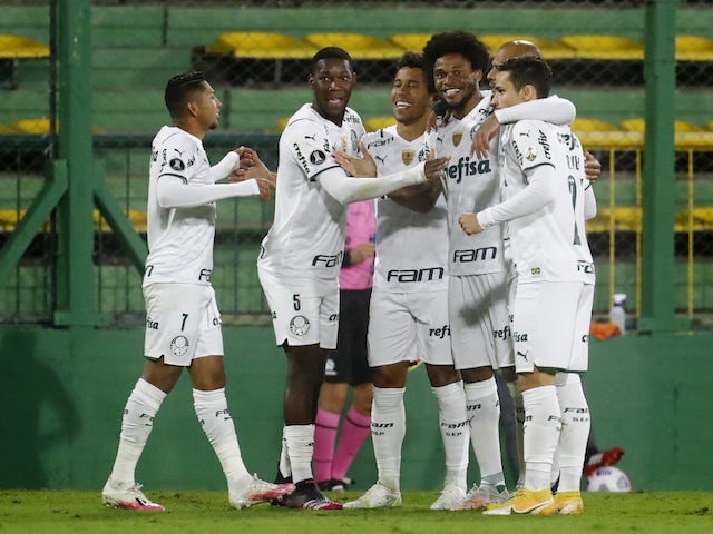 Palmeiras' Rony celebrates scoring their first goal with teammates on May 4, 2021