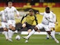 Watford's Philip Zinckernagel in action with Swansea City's Jake Bidwell and Marc Guehi on May 8, 2021