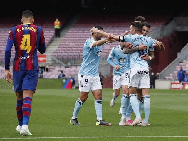 Celta Vigo's Santi Mina celebrates scoring against Barcelona in La Liga on May 16, 2021