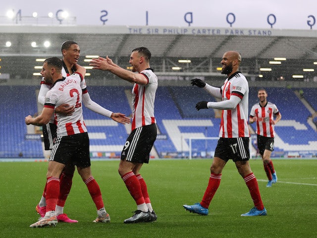 Sheffield United's Daniel Jebbison celebrates scoring against Everton in the Premier League on May 16, 2021