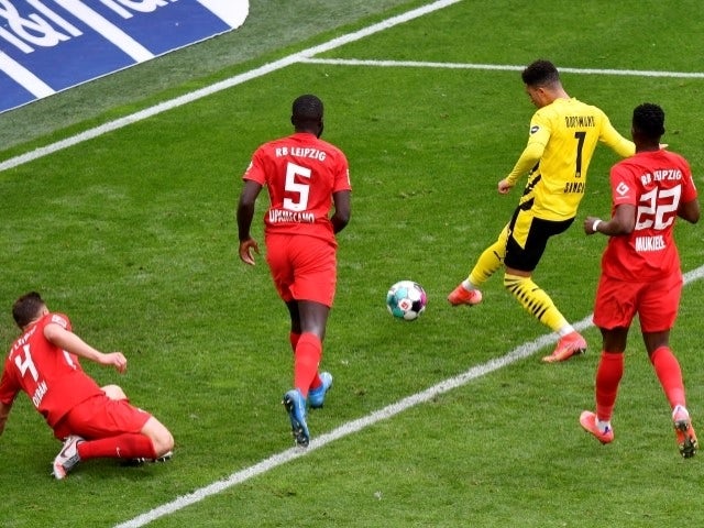 Borussia Dortmund's Jadon Sancho scores their third goal against RB Leipzig on 8 May, 2021